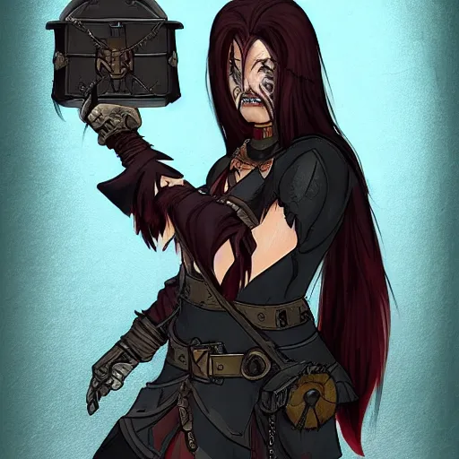 Image similar to DND concept character tan mercenary rogue, with long black hair, leather armor, possessed by a demon, holding a flask, grimoire neck chain