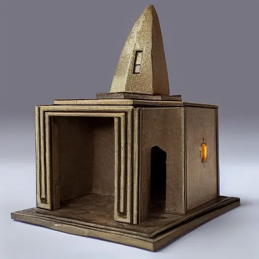 Prompt: maquette model of an underground reliquary, mysterious auction, bass wood, photograph lighting, architectural presentation, mininature, modern office table
