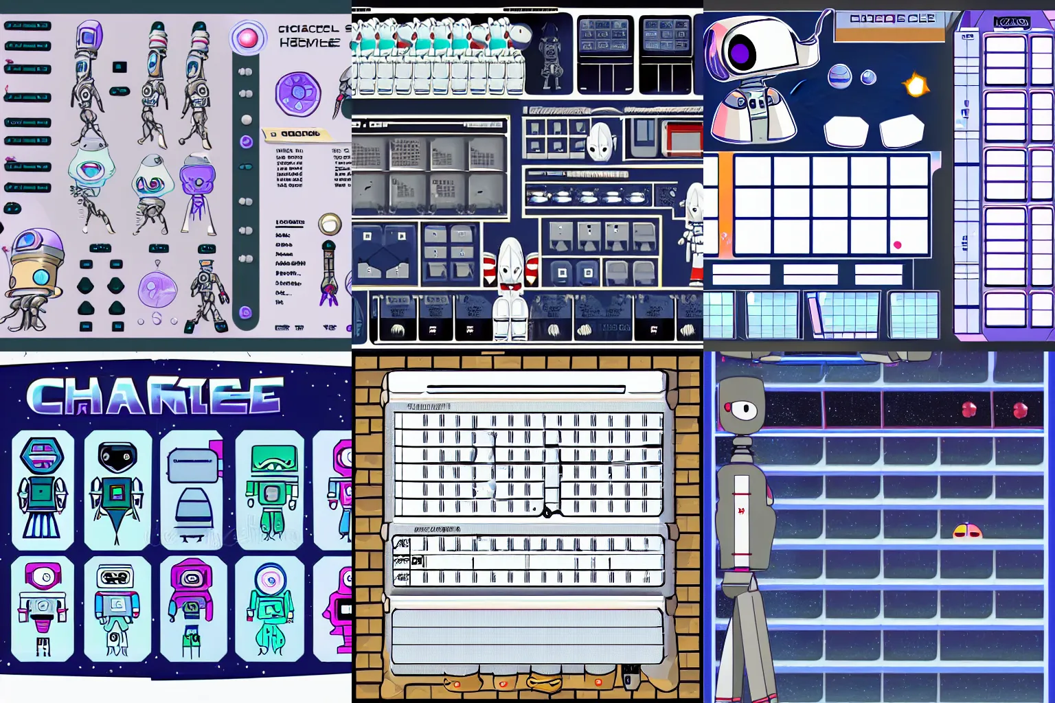 Prompt: character sheet, of the a cute robot, all viewing angles, from a space themed Sierra point and click 2D graphic adventure game, made in 2019, high quality graphics
