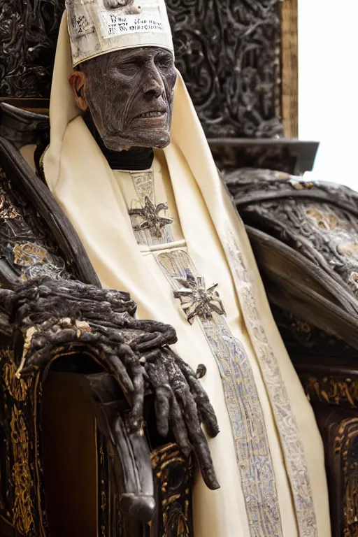 Image similar to mummified pope in his throne at the vatican, desiccated, close - up portrait, tall pontiff hat, mitre, dark, moody, black skin, ornate, hyper realistic, sharp focus, highly detailed