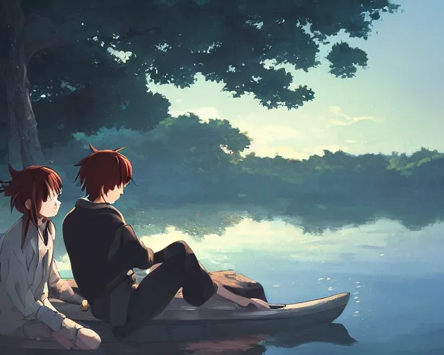 Image similar to a boy and a girl with long flowing auburn hair, boy has short black hair, sitting next to each other, facing the river in one single boat. Atmospheric lighting, long shot, romantic, boy and girl are the focus, trees, blue water, narrow river, close river bank, shady. Anime. By Makoto Shinkai, Stanley Artgerm Lau, WLOP, Rossdraws, James Jean, Andrei Riabovitchev, Marc Simonetti, krenz cushart, Sakimichan, D&D trending on ArtStation, digital art.