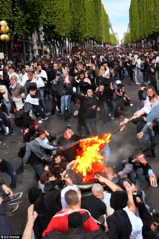 Image similar to the citizens of Paris start a riot and roll a giant fondue onto champs elysees