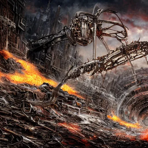 Image similar to flamethrower guitar robot in ruined city by Yoshitaka Amano, by HR Giger, biomechanical, 4k, hyper detailed, hyperrealism, anime, a Blood Moon rising on a Broken World, deviantart, artstation