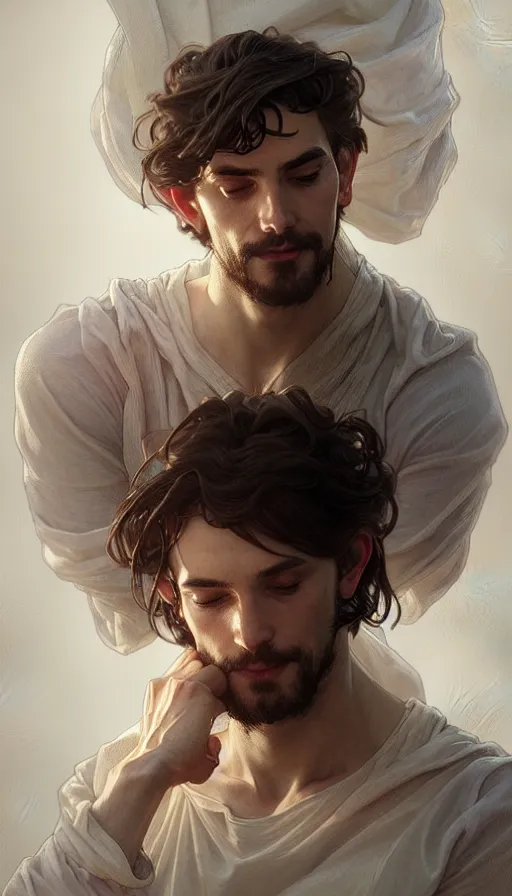 Image similar to portrait of homely man, dreamy and ethereal, goofy expression, side angle, intricate, elegant, highly detailed, digital painting, artstation, concept art, smooth, sharp focus, illustration, art by artgerm and greg rutkowski and alphonse mucha
