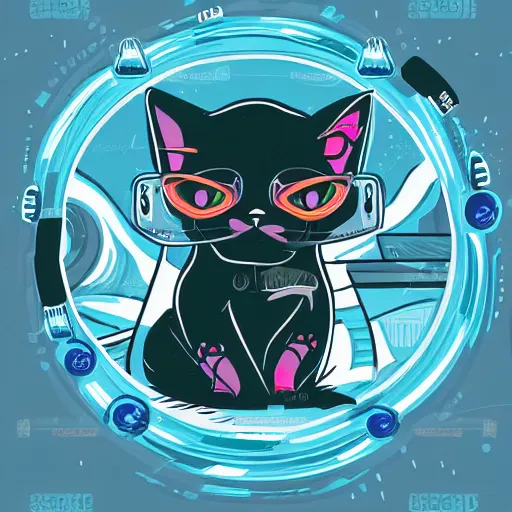 Prompt: a simplified vector based illustration about a cyberpunk kitten, space colors