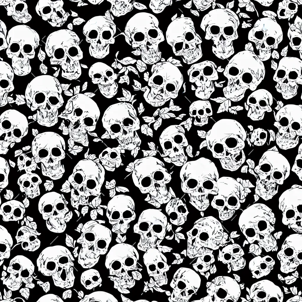 Image similar to seamless pattern showing skulls. black and white, drawing, white background, seamless, ornament.