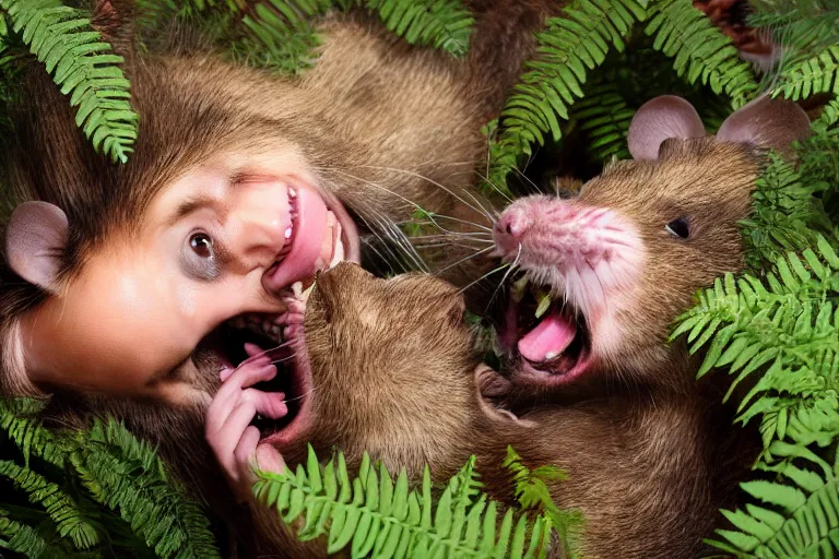 Prompt: photo, smiling! human like rat with girl face chewing! thick internet cable!! in the ferns, grass and rocks, highly detailed