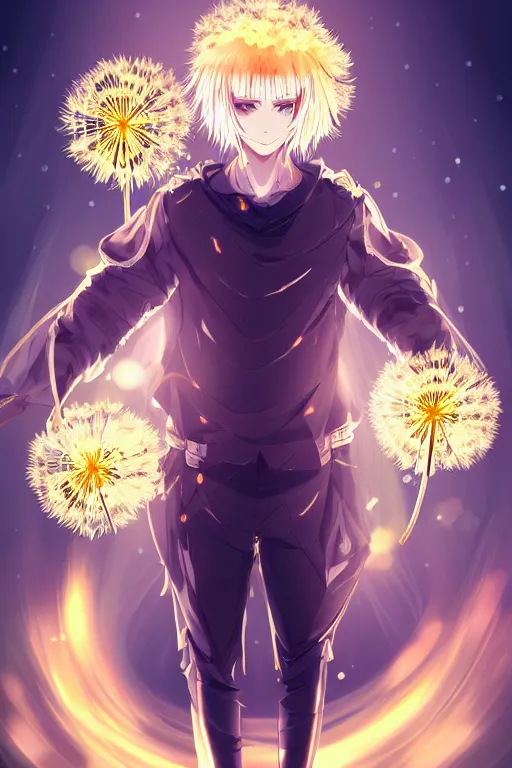 Prompt: amber glowing luminescent dandelion male anime character, symmetrical, highly detailed, digital art, sharp focus, trending on art station, amber eyes, autumnal colours