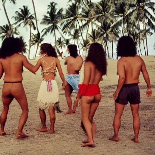 Image similar to samoan hippies from the 6 0 s dancing around a beach, nostalgic, sunny, coconut trees in the background, film, cinematic, kodak film, 3 5 mm, 8 k, 4 k