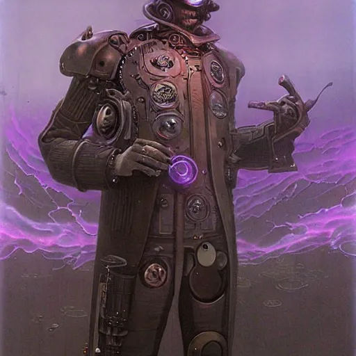 Image similar to steampunk android that emits purple fog, by wayne barlowe