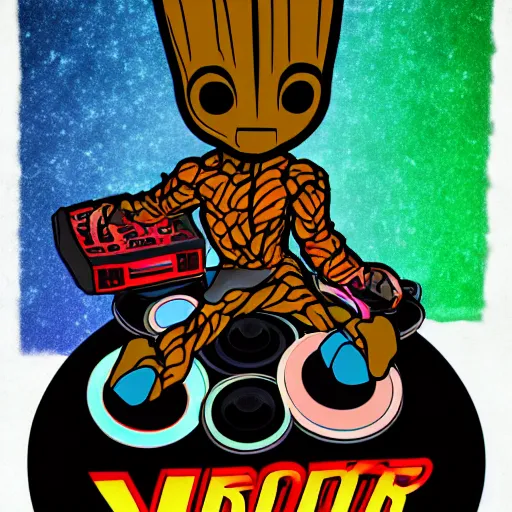 Image similar to svg sticker of a Pop-Wonder Groot-Marvel-Avenger at a rave, spinning records, giant headphones rocking out, wearing headphones, huge speakers, dancing, rave, DJ, spinning records, digital art, amazing composition, rule-of-thirds, award-winning, trending on artstation, featured on deviantart