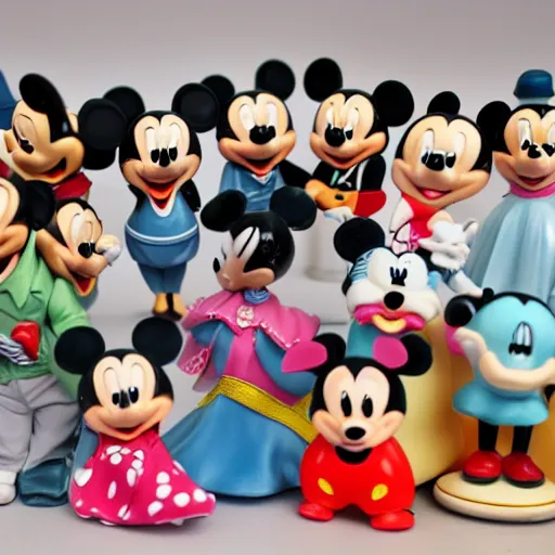 Prompt: product photograph of vintage disney figurines, cute, popular, collectible, toys figures, mickey mouse, miney mouse, pluto, kawaii, toys, white background,