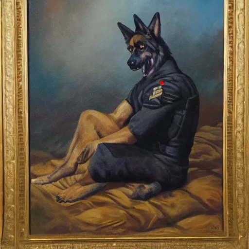 Image similar to a oil painting of a humanoid german shepherd beast - man, wearing military outfit, sitting on the carpeted floor beside a bed