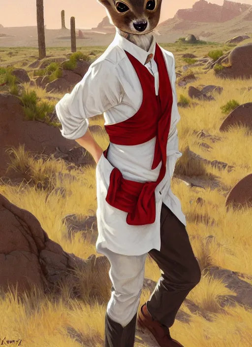 Prompt: Character portrait of a happy furry anthro stoat wearing a white dress shirt, tan vest, red bowtie, and black slacks in the desert wilderness, intricate, elegant, highly detailed, digital painting, artstation, concept art, smooth, sharp focus, illustration, art by Krenz Cushart and Artem Demura and alphonse mucha