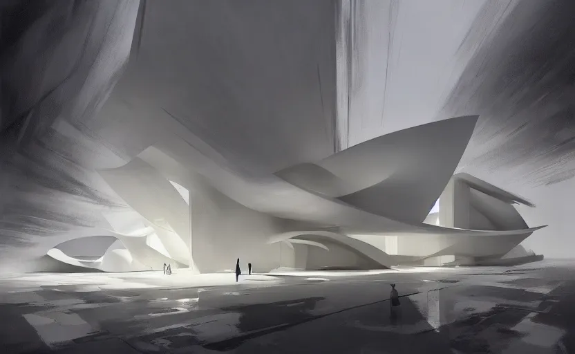 Image similar to painting of a white architecture by zaha hadid and peter zumthor painted by greg ruthkowski and craig mullins, cinematic and atmospheric lighting, archviz, archdaily