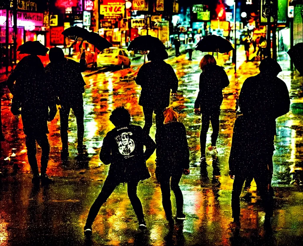 Image similar to night flash photography of punks on the lower east side in the rain!!! by Nick Silva and Margaret Keane, color photography, street photography, photorealistic, nighttime, rain, atmospheric,