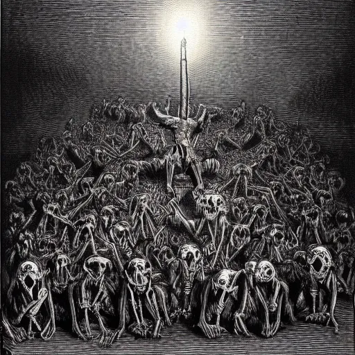 Image similar to congregation of skeletal ferrets worshipping a shining idol, Gustave Dore art style, grunge, matte