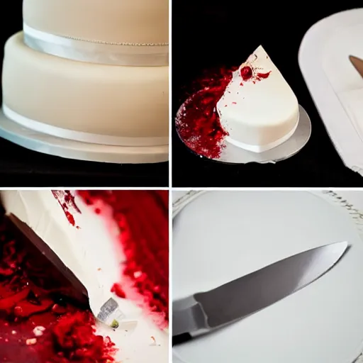 Prompt: 4 stage wedding cake knife slice with blood dripping from the slice in a salvador dali style