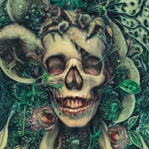 Image similar to a beautiful detailed front view portrait of a rotten woman corpse becoming a skull with fractal plants and fractal flowers and mushrooms growing around, volumetric light, beautiful lit, polaroid photography