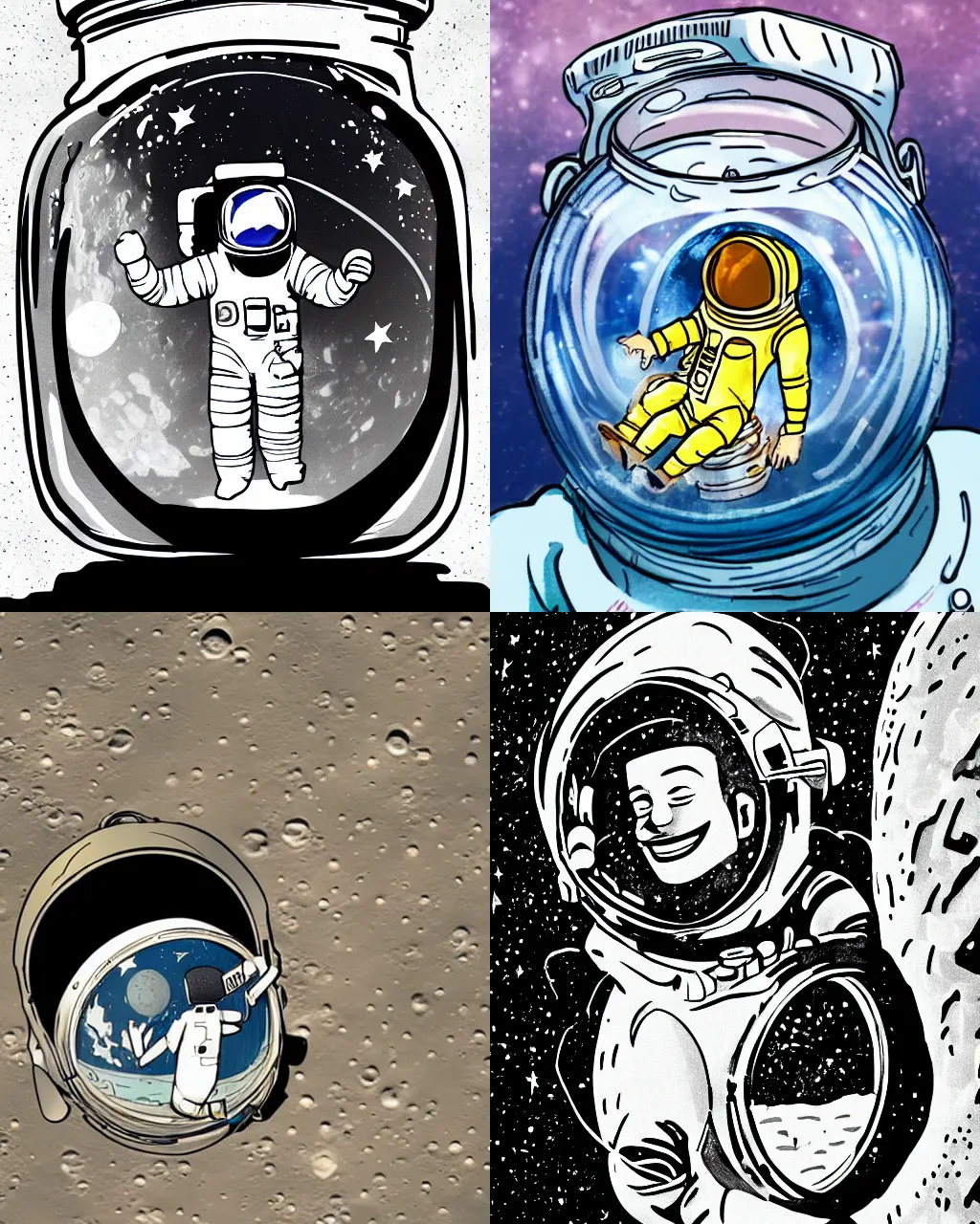 Prompt: an astronaut trapped inside a jar on the moon