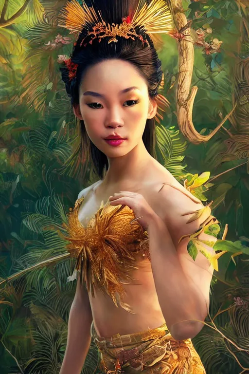 Prompt: stunningly beautiful, filipina geisha prima ballerina in jungle, symmetrical face, golden hour, smooth, focus, highly detailed, hyper realistic, dramatic lighting, elegant, intricate, concept art, art by wlop, mars ravelo, greg rutowski, artstation