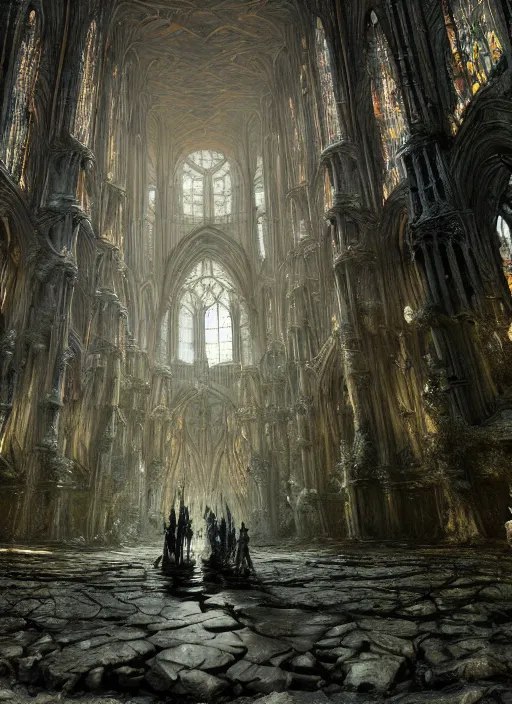 Image similar to medieval adventurers in lord of the rings scenery landscape, inside an enormous overgrown cathedral made of bones, water, reflections, magic portal,, highly detailed, cinematic lighting, vivid colors, perfect composition, 4 k, gustave dore, derek zabrocki, greg rutkowski, belsinski, octane render