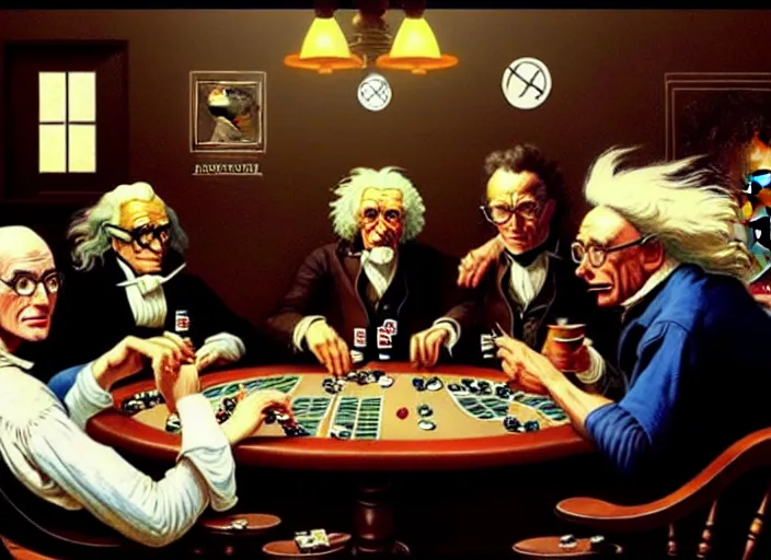 Prompt: isaac newton and stephen hawkins and asimov and albert einstein playing poker in an old west saloon, centered, digital painting, artstation, concept art, smooth, illustration, art by james gurney and norman rockwell and greg rutkowski