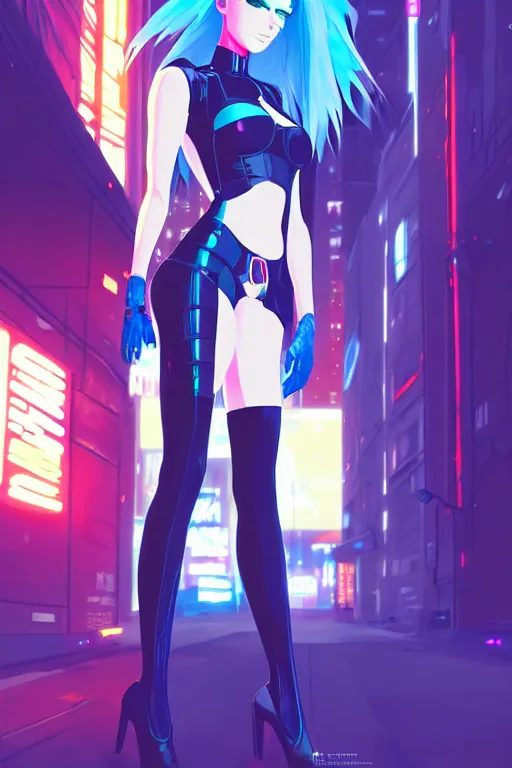 Image similar to digital illustration of cyberpunk pretty girl with blue hair, wearing a black dominatrix outfit, in city street at night, by makoto shinkai, ilya kuvshinov, lois van baarle, rossdraws, basquiat