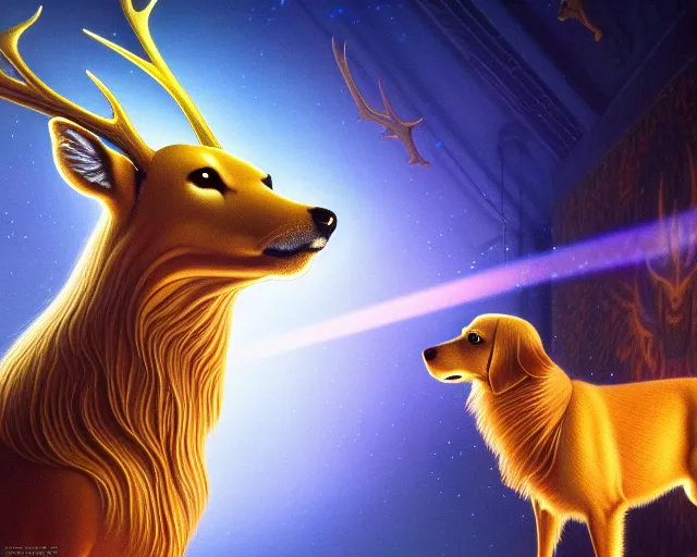 Image similar to beauty golden deer dog admiring a small hologram with alien artifacts, mechanical holographic case display, 80s Aliens tech, ultrarealistic, dramatic lighting, electrical details, high details, 4k, 8k, best, accurate, trending on artstation, artstation, photorealism, ultrarealistic, digital painting, style of Wayne barlowe and Boris Vallejo and Peter Mohrbacher