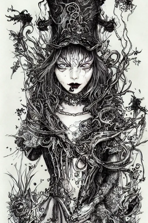 Prompt: Undead Alice in wonderland tarot card , pen and ink, intricate line drawings, by Yoshitaka Amano, Ruan Jia, Kentaro Miura, Artgerm, watercolor