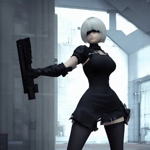 Prompt: 2B nier automata standing in front of a large building holding a Glock, detailed, artstation, concept art, Unreal Engine 5 render, 8K