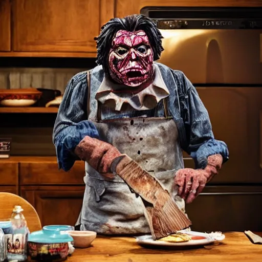Prompt: highly detailed Leatherface from the movie Texas Chainsaw Massacre hosting a cooking show