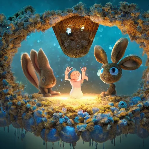 Prompt: gates of heaven, expressive eyes, floating, rbc, bunny, radiolaria, protophyta, micro - organisms, center frame, symmetric, rim light, marine microbiology, bioluminescence, electric, fur, soft, concept art, intricate details, highly detailed, colorful, photorealistic, disney pixar, octane render,