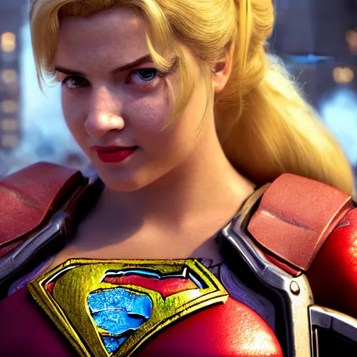 Image similar to portrait of princess peach as superman in gears of war, splash art, movie still, detailed face, photorealistic facial features, cinematic lighting, dramatic, octane render, long lens, shallow depth of field, bokeh, anamorphic lens flare, 8 k, hyper detailed, 3 5 mm film grain