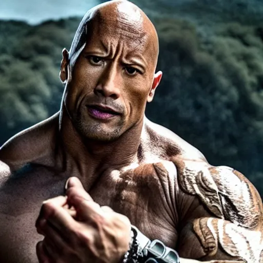 Image similar to a film still of Dwayne Johnson as samurai