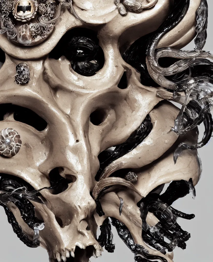 Image similar to goddess princess face close-up portrait ram skull. sculpture made of black stone with elements made of polished gold. jellyfish phoenix head, nautilus, orchid, skull, betta fish, bioluminiscent creatures, intricate artwork by Tooth Wu and wlop and beeple. octane render, trending on artstation, greg rutkowski very coherent symmetrical artwork. cinematic, hyper realism, high detail, octane render, 8k