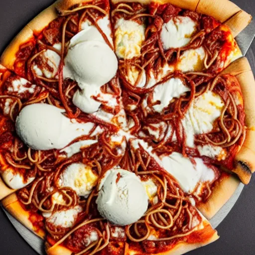 Prompt: Ice cream and Spaghetti on Pizza