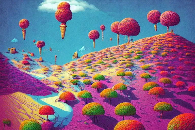 Image similar to surreal glimpse into other universe, himalaya with snow ice cream, summer morning, very coherent and colorful high contrast, art by!!!! gediminas pranckevicius!!!!, geof darrow, floralpunk screen printing woodblock, dark shadows, hard lighting, stipple brush technique,