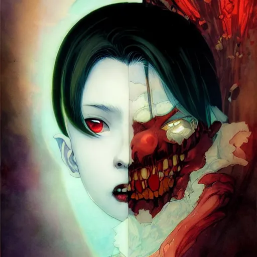 Image similar to prompt : vampire character portrait soft light painted by james jean and katsuhiro otomo and erik jones, inspired by evangeleon anime, smooth face feature, intricate oil painting, high detail illustration, sharp high detail, manga and anime 1 9 9 9