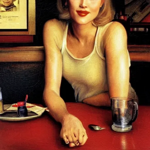 Prompt: young Sharon Stone at a diner, head and shoulders portrait, extremely detailed masterpiece, Roger Deakin’s cinematography, oil on canvas, Norman Rockwell.