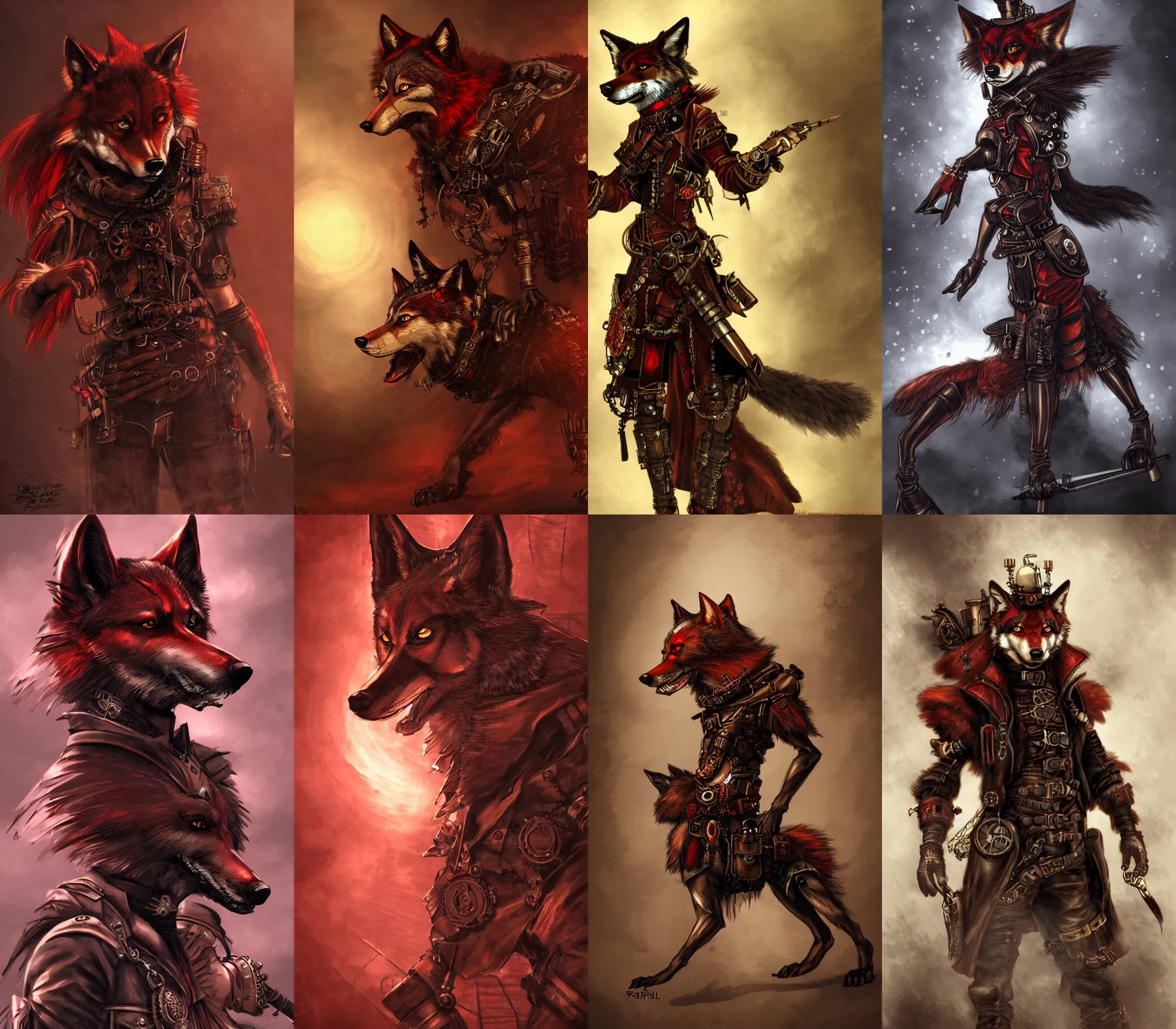 Prompt: steampunk red wolf, concept art, dramatic, fantasy, pixiv