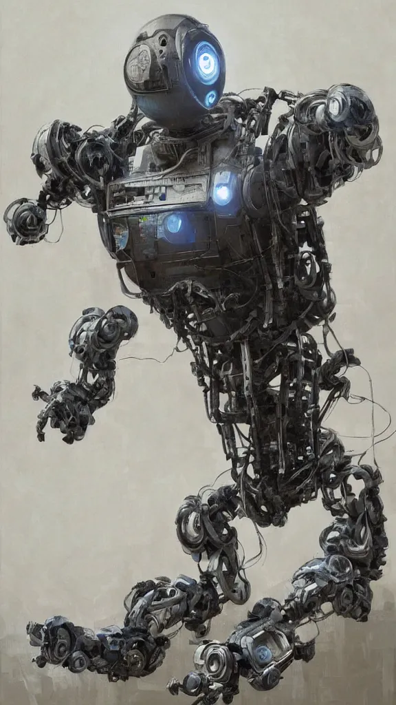 Image similar to robot painting a robot on canvas, intricate, highly detailed, photorealistic, film still, by greg rutkowski.