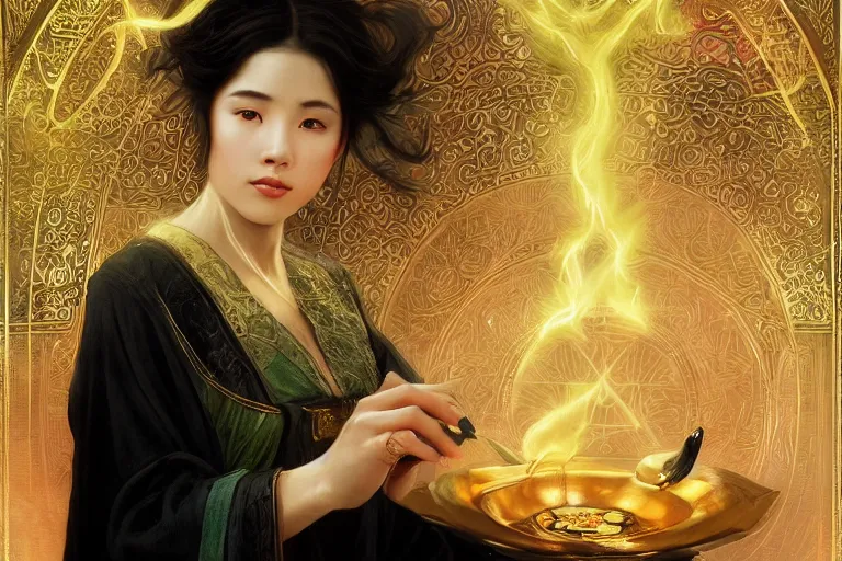 Prompt: a beautiful young asian sorceress wearing a black robe with gold embroidery, sitting at table, casting a spell, green glows, painted by artgerm and tom bagshaw and alphonse mucha, in the style of magic the gathering, highly detailed digital art