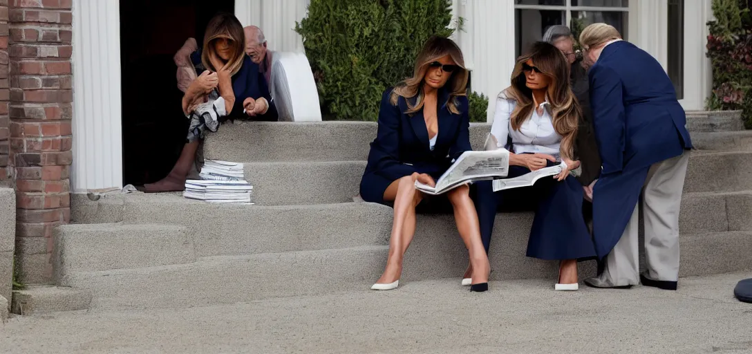 Prompt: melania trump nonchalant reading a magazine while people search her house, photograph,