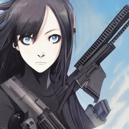 Image similar to upper body portrait of a beautiful girl with long black hair, wearing black riot gear, holding AR-15, drawn by Makoto Shinkai, in the style of Studio Key, attractive character, colored sketch anime manga panel, trending on Pixiv