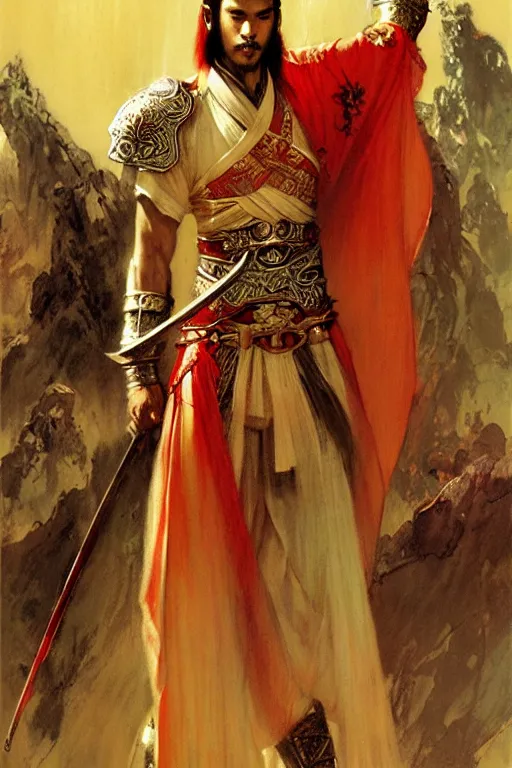Prompt: wuxia, knight, male, character design, ancient china, colorful, painting by gaston bussiere, craig mullins, j. c. leyendecker, tom of finland
