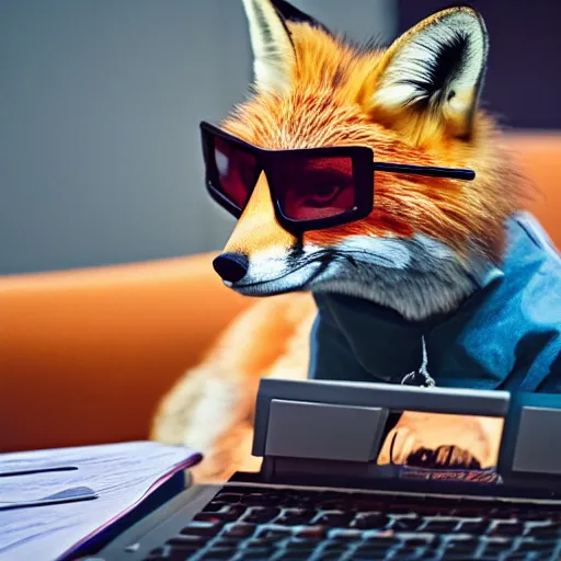 Prompt: photograph of a fox with shades using a laptop to debug code