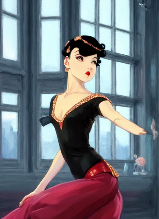 Image similar to a beautiful dancer with black hair in 1930's fashion, ballroom background, intricate, highly detailed, digital painting, artstation, official media, anime key visual, concept art, rich vivid colors, ambient lighting, sharp focus, illustration, art by Artgerm, Makoto Shinkai, Ilya Kuvshinov, Lois Van Baarle, and Rossdraws