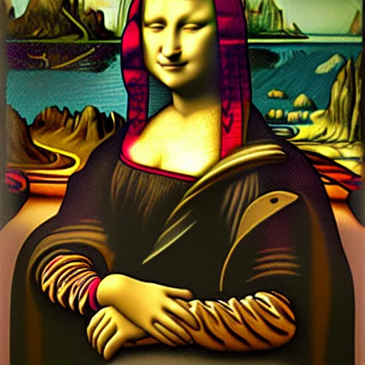 Image similar to metal robot machinery in the style of the mona lisa