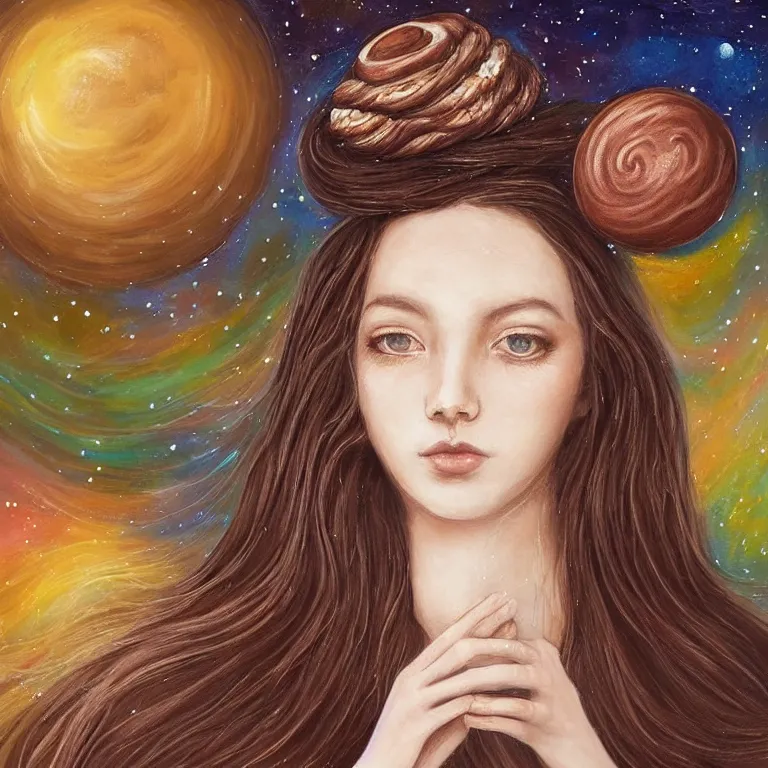 Image similar to a beautiful portrait of a singular inspirit girl on whose head a space and cosmic places like ganache, planets like a whipped frosting or filling made with semisweet chocolate and cream, used for cakes, pastries, and candies, highly detailed, fantasy art, art work